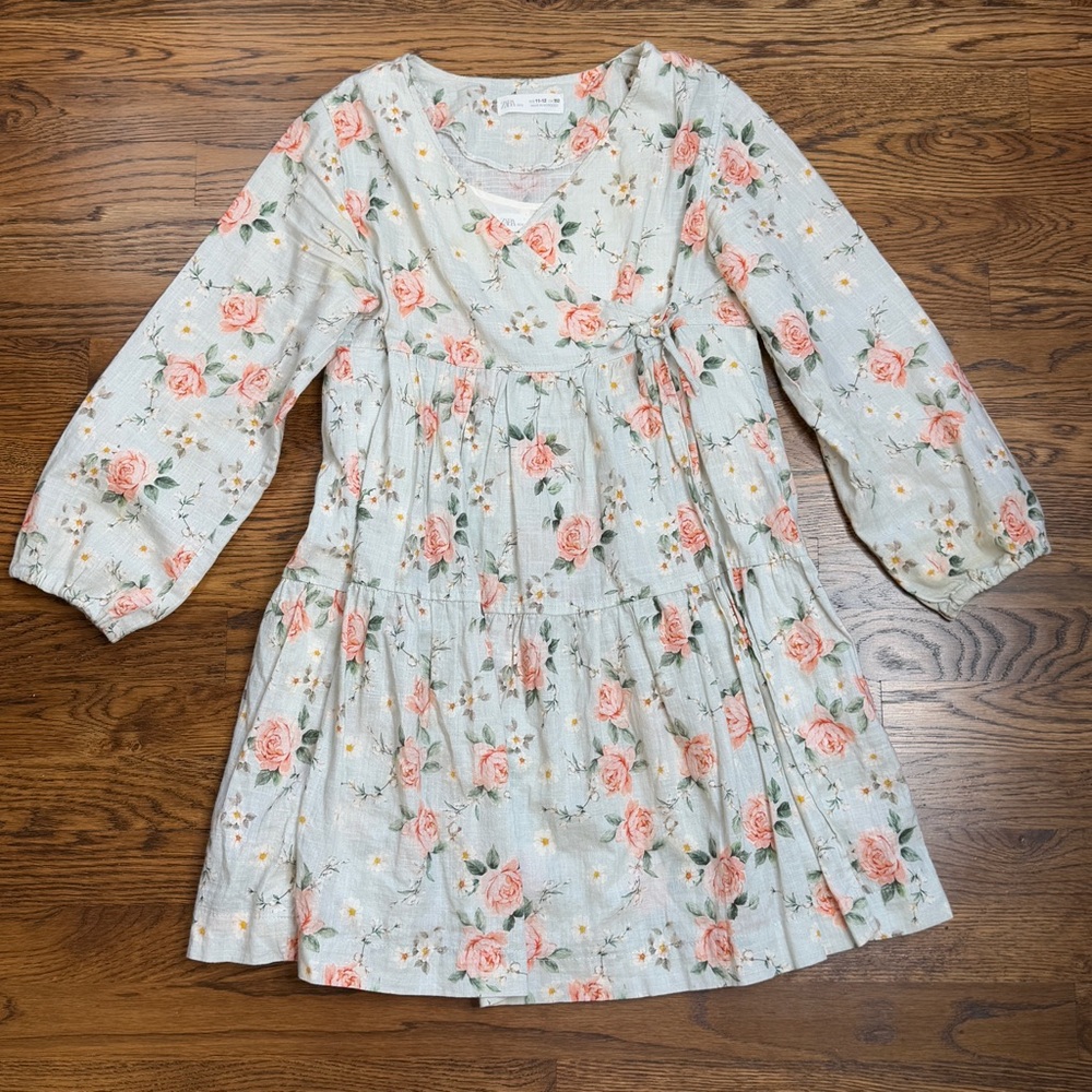 ZARA Girls Delicate Floral Print Cottage Core  Lined Wrap Dress Tiered 11-12